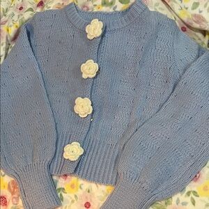 Elegant Light Blue Cardigan with Cream Floral Accents